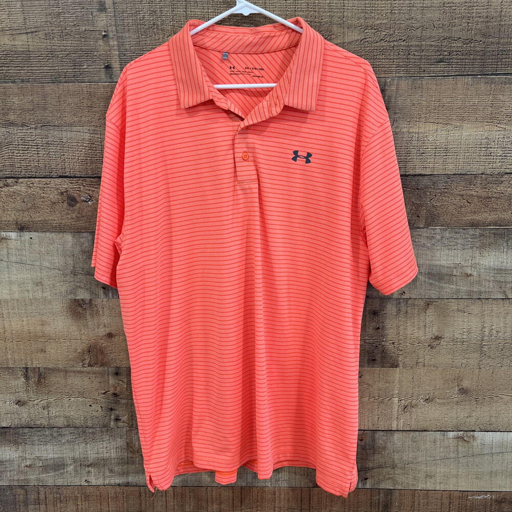 Under Armour Heat Gear Loose Mens Golf Shirt Polo Orange Stripes Size 2XL